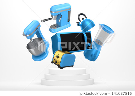 Set of kitchen appliances and utensils floating in mid-air over podium and abstract background, modern cooking concepts Set of kitchen appliances and utensils floating in mid-air over podium and abstract background, modern cooking concepts 141687816