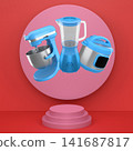 Set of kitchen appliances including a pressure cooker, blender, and mixer floating over podium on abstract background 141687817
