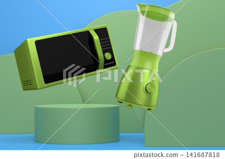 Set of microwave and blender floating above podium, minimal style, abstract background, modern kitchen appliances concept 141687818