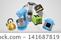 Set of kitchen appliances and utensils floating in mid-air over podium and abstract background, modern cooking concepts 141687819