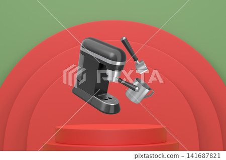 Elegant black and gold espresso machine with portafilter and milk jug floating above minimalist podium and arched background 141687821