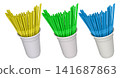 Multiple colorful plastic straws arranged in plastic cups isolated on white background, symbolizing party beverages 141687863