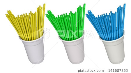 Multiple colorful plastic straws arranged in plastic cups isolated on white background, symbolizing party beverages Multiple colorful plastic straws arranged in plastic cups isolated on white background, symbolizing party beverages 141687863