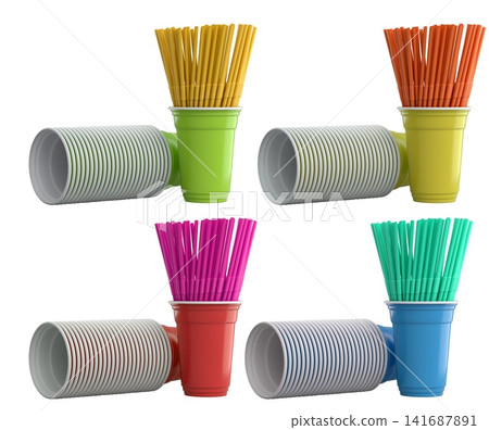 Multiple colorful plastic straws arranged in plastic cups isolated on white background, symbolizing party beverages Multiple colorful plastic straws arranged in plastic cups isolated on white background, symbolizing party beverages 141687891