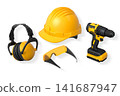 Protective gear featuring helmet, earmuffs, and goggles isolated on white background with clipping path, concept of safety 141687947