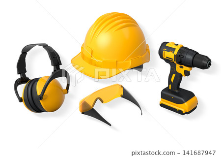 Protective gear featuring helmet, earmuffs, and goggles isolated on white background with clipping path, concept of safety Protective gear featuring helmet, earmuffs, and goggles isolated on white background with clipping path, concept of safety 141687947