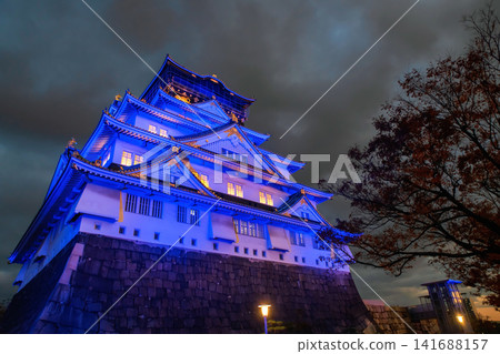 Iconic Osaka castle light up at night in autumn, Kansai, Japan Iconic Osaka castle light up at night in autumn, Kansai, Japan 141688157