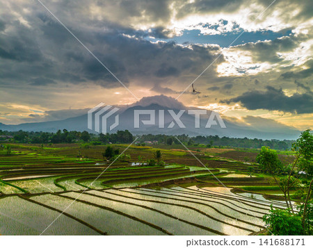 Aerial view of Sapa rice terraces at sunrise with golden light over green fields and misty mountain valleys Aerial view of Sapa rice terraces at sunrise with golden light over green fields and misty mountain valleys 141688171