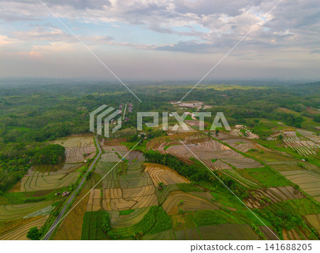 Aerial view of Sapa rice terraces at sunrise with golden light over green fields and misty mountain valleys Aerial view of Sapa rice terraces at sunrise with golden light over green fields and misty mountain valleys 141688205