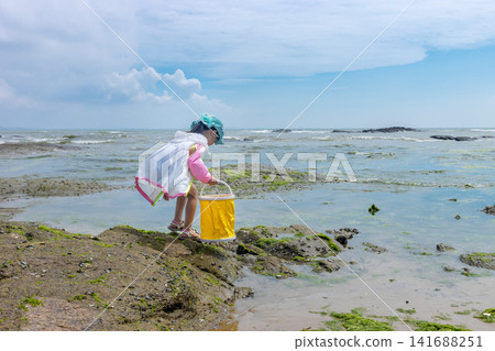 Focused young girl using a small shovel to dig and search for marine life on the muddy beach. 141688251
