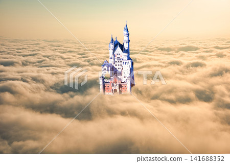 A composite image of a sea of clouds in Hokkaido and Neuschwanstein Castle. A composite image of a sea of clouds in Hokkaido and Neuschwanstein Castle. 141688352