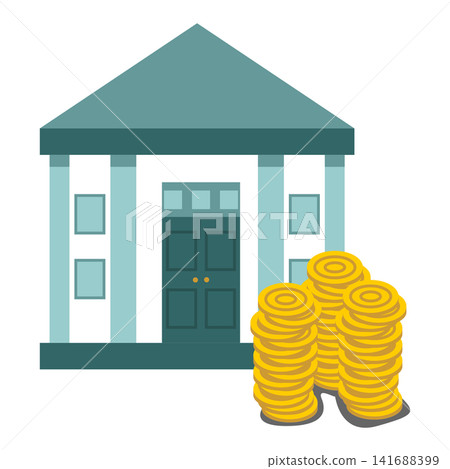 Bank Building with Money Bag and Coins Icon Vector, Financial Institution Symbol Illustration Bank Building with Money Bag and Coins Icon Vector, Financial Institution Symbol Illustration 141688399