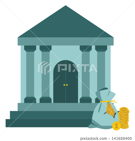Bank Building with Money Bag and Coins Icon Vector, Financial Institution Symbol Illustration 141688400