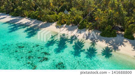 Idyllic aerial view of lush palm island beside crystal turquoise lagoon white sand tropical paradise. Perfect summer vacation travel landscape resort paradise. Luxury getaway relax scenic Idyllic aerial view of lush palm island beside crystal turquoise lagoon white sand tropical paradise. Perfect summer vacation travel landscape resort paradise. Luxury getaway relax scenic 141688800