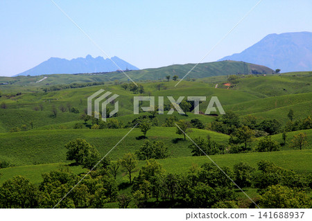 Oshitoishi Hill in Aso, Kumamoto Prefecture: A landscape of green grasslands and megalithic ruins of ancient sites. Oshitoishi Hill in Aso, Kumamoto Prefecture: A landscape of green grasslands and megalithic ruins of ancient sites. 141688937