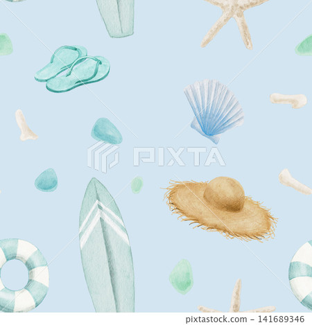色彩繽紛的夏日海灘貝殼無縫圖案 141689346