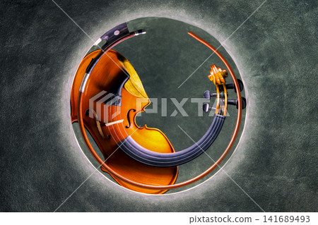 A coiled violin with a bow against a colored background A coiled violin with a bow against a colored background 141689493