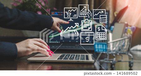 analytics and financial data concept. Businesswoman working on laptop with virtual marketing dashboard icons. analytics and financial data concept. Businesswoman working on laptop with virtual marketing dashboard icons. 141689502