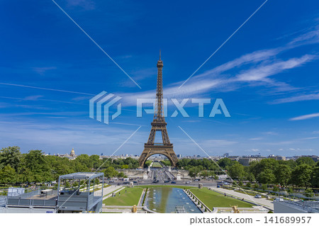 The blue sky and the Eiffel Tower as seen from Trocadéro Square. 141689957