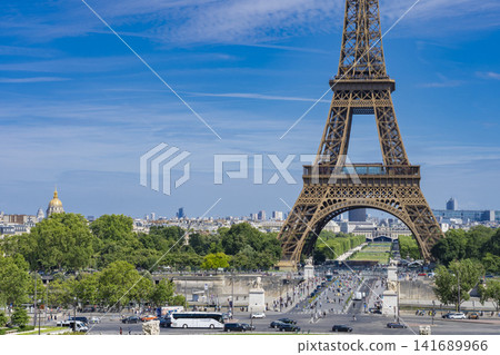 The blue sky and the Eiffel Tower as seen from Trocadéro Square. The blue sky and the Eiffel Tower as seen from Trocadéro Square. 141689966