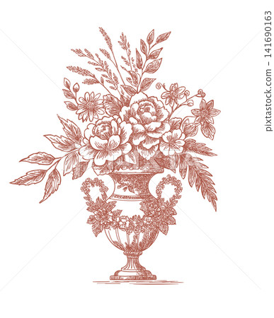 Vintage engraving floral bouquet in classic urn vase. Vector isolated illustration in toile de jouy style Vintage engraving floral bouquet in classic urn vase. Vector isolated illustration in toile de jouy style 141690163