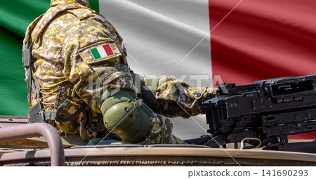 Italy flag with soldier at machinegun turret Italy flag with soldier at machinegun turret 141690293