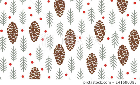 Seamless Christmas Pattern Hand-painted Gouache Pine Cones Pine Needles Red Winter Berries Seamless Christmas Pattern Hand-painted Gouache Pine Cones Pine Needles Red Winter Berries 141690385