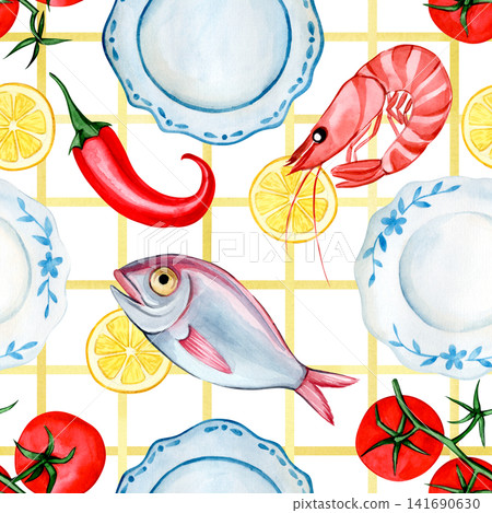 Seamless pattern of Mediterranean food on a checkered background. Seamless pattern of Mediterranean food on a checkered background. 141690630