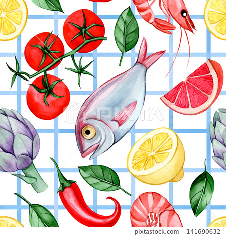 Seamless pattern of Mediterranean food on a checkered background. Seamless pattern of Mediterranean food on a checkered background. 141690632