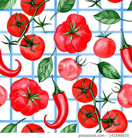 Seamless pattern with red tomatoes on a checkered background. Seamless pattern with red tomatoes on a checkered background. 141690633