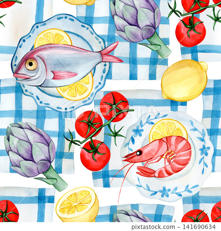 Seamless pattern of Mediterranean food on a checkered background. Seamless pattern of Mediterranean food on a checkered background. 141690634