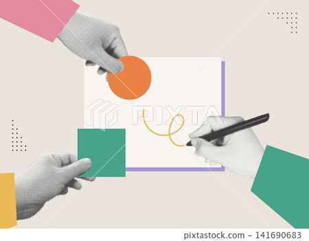 Idea development and creative collaboration concepts. Hands holding colorful geometric shapes and writing notes in modern halftone collage style. Idea development and creative collaboration concepts. Hands holding colorful geometric shapes and writing notes in modern halftone collage style. 141690683
