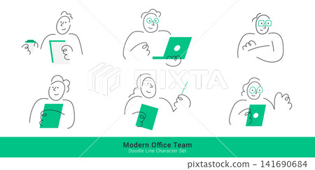 Modern office team and business corporate concepts. Doodle line character set of diverse employees working on laptops, holding documents, drinking coffee, and presenting. Modern office team and business corporate concepts. Doodle line character set of diverse employees working on laptops, holding documents, drinking coffee, and presenting. 141690684