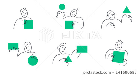Problem solving and abstract thinking concepts. Doodle line characters interacting with green geometric shapes like square, circle, and triangle. Problem solving and abstract thinking concepts. Doodle line characters interacting with green geometric shapes like square, circle, and triangle. 141690685
