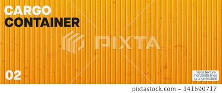 Yellow corrugated metal container texture. Vertical ribbed steel panel with dirty texture. Grunge orange iron sheet background. Yellow corrugated metal container texture. Vertical ribbed steel panel with dirty texture. Grunge orange iron sheet background. 141690717