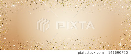 Champagne gold glitter background with glowing dots and sparkling starburst flares on warm beige gradient. Vector template for New Year poster, wedding invitation and festive celebration. Champagne gold glitter background with glowing dots and sparkling starburst flares on warm beige gradient. Vector template for New Year poster, wedding invitation and festive celebration. 141690720