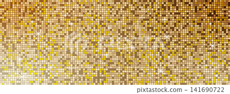 Champagne gold glitter background. Sequin mosaic bg with sparkling dots and star flares on warm golden gradient. Vector template for bachelorette party, New Year banner and luxury event design. Champagne gold glitter background. Sequin mosaic bg with sparkling dots and star flares on warm golden gradient. Vector template for bachelorette party, New Year banner and luxury event design. 141690722