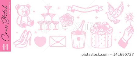 Whimsical pink cross stitch set in coquette aesthetic. Teddy bear, champagne tower, high heels, dove and gift box in embroidery pixel style. Whimsical pink cross stitch set in coquette aesthetic. Teddy bear, champagne tower, high heels, dove and gift box in embroidery pixel style. 141690727