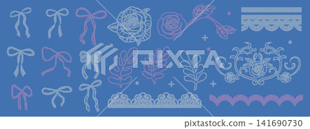 Cross stitch ribbon bows, roses, scallop border, lace trim and decorative elements in embroidery pixel style. Whimsical needlecraft design for wedding, scrapbook. 141690730