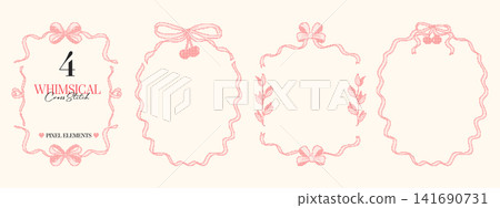 Whimsical cross stitch frame set with wavy ribbon borders, bows, cherries and botanical stems. Coquette style. Whimsical cross stitch frame set with wavy ribbon borders, bows, cherries and botanical stems. Coquette style. 141690731