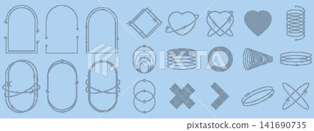 Cross stitch frames and abstract geometric shapes. Modern elements in minimal y2k style. Cross stitch frames and abstract geometric shapes. Modern elements in minimal y2k style. 141690735