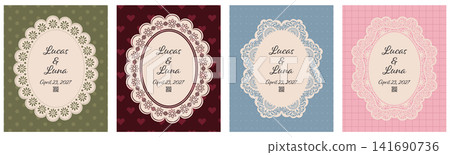 Elegant oval lace frame wedding poster set. Vintage scallop border edge and delicate doily trim. Rectangular romantic invitation template. Elegant oval lace frame wedding poster set. Vintage scallop border edge and delicate doily trim. Rectangular romantic invitation template. 141690736
