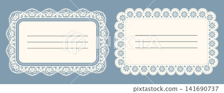 Rectangular scallop lace border card with elegant vintage floral doily trim. Blank template with decorative crochet outline. Rectangular scallop lace border card with elegant vintage floral doily trim. Blank template with decorative crochet outline. 141690737