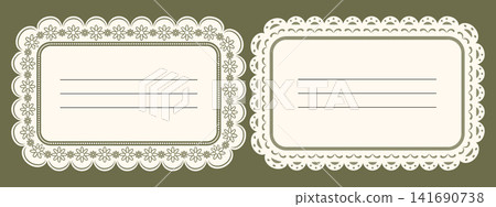 Vintage rectangular scallop lace border frame cards with ornate floral edge with empty space for text. Vintage rectangular scallop lace border frame cards with ornate floral edge with empty space for text. 141690738