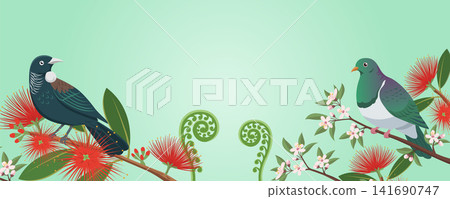 New Zealand Nature Banner with Tui, Kereru, and Pohutukawa Flowers New Zealand Nature Banner with Tui, Kereru, and Pohutukawa Flowers 141690747