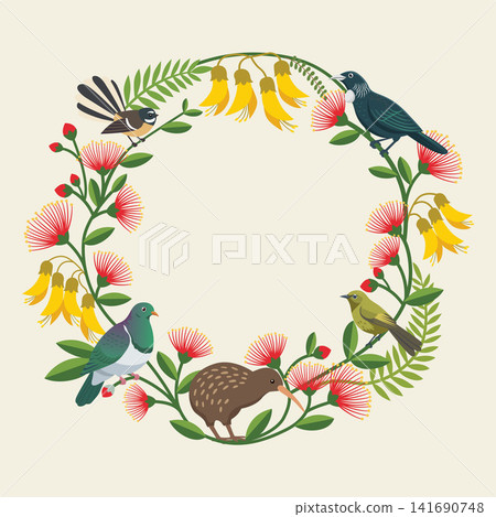 Native New Zealand Birds and Flora Wreath 141690748
