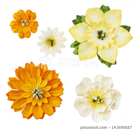 五種不同顏色的紙花,橙色、黃色和白色,白色背景,剪裁而成。 五種不同顏色的紙花,橙色、黃色和白色,白色背景,剪裁而成。 141690887