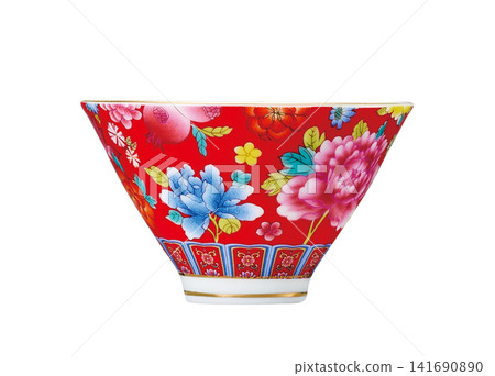 Red ceramic bowl with floral pattern and gold rim, white background, cutout. Red ceramic bowl with floral pattern and gold rim, white background, cutout. 141690890