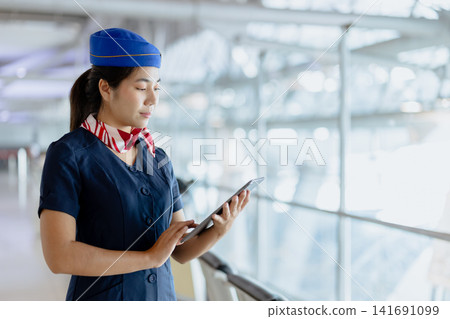 Airport ground service person, Asian beauty woman airline uniform looking at tablet in airport Airport ground service person, Asian beauty woman airline uniform looking at tablet in airport 141691099