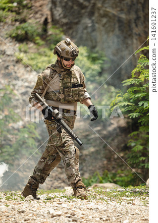 Military special forces soldier team in combat operation, tactical military portrait in action Military special forces soldier team in combat operation, tactical military portrait in action 141691237